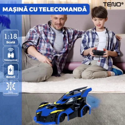 Masinuta Antigravitationala cu Telecomanda, Urcare pe Pereti si Tavan, Rotire 360 Grade, Senzor Infrarosu, Incarcare USB, Telecomanda Intuitiva, Albastru/Negru, TENO1428