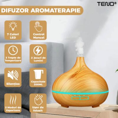 Difuzor Aromaterapie, Umidificator Silentios, 7 culori LED cu 2 Jocuri de Lumini, Capacitate 200ml, Stejar Deschis, TENO210