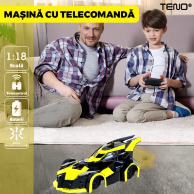 Masinuta Antigravitationala cu Telecomanda, Urcare pe Pereti si Tavan, Rotire 360 Grade, Senzor Infrarosu, Incarcare USB, Telecomanda Intuitiva, Galben/Negru, TENO1427