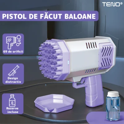 Pistol de Facut Baloane, Tip Bazooka, Automat, 34 Orificii Pentru Bule, Alimentare cu Baterii, Mov/Alb, TENO1215
