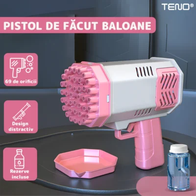 Pistol de Facut Baloane, Tip Bazooka, Automat, 34 Orificii Pentru Bule, Alimentare cu Baterii, Roz/Alb, TENO1214