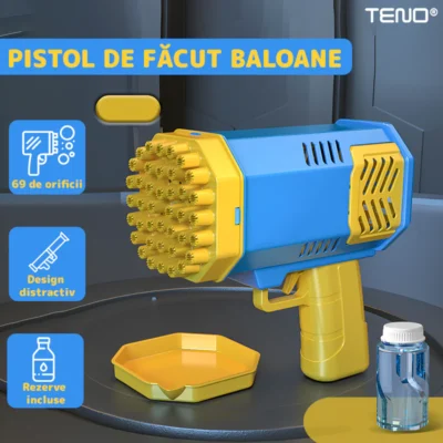 Pistol de Facut Baloane, Tip Bazooka, Automat, 34 Orificii Pentru Bule, Alimentare cu Baterii, Albastru/Galben, TENO1213