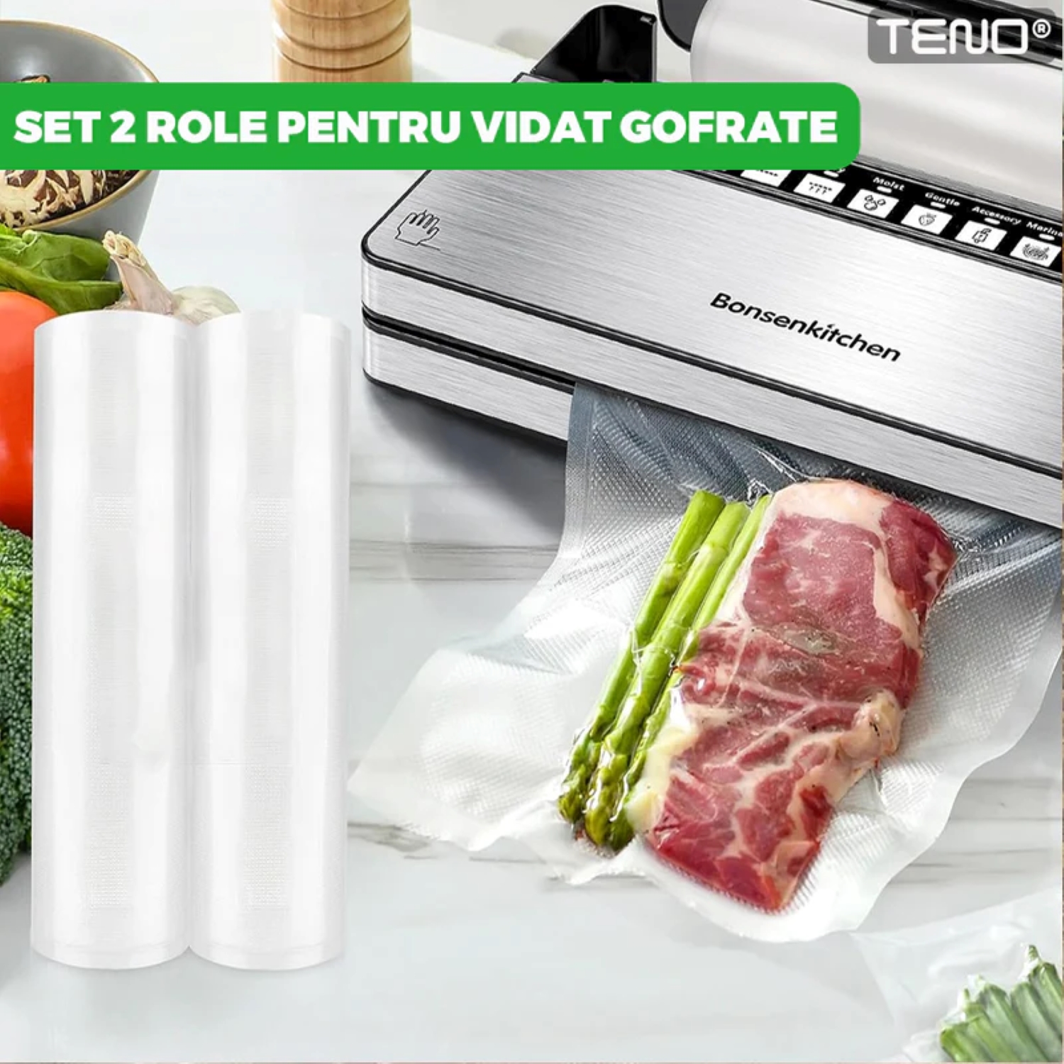 Set 2 Role Folii Transparente Pentru Vidat Universale, 5mX20cm, Gofrate, Reutilizabile, Rezistente la Caldura, TENO555
