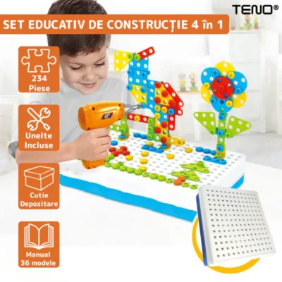 Jucarie Educativa si Interactiva 4in1, 234 Piese, Unelte Pentru Inginerie, Puzzle 3D/2D, Dezvoltare STEM, Montessori, Multicolor, TENO513