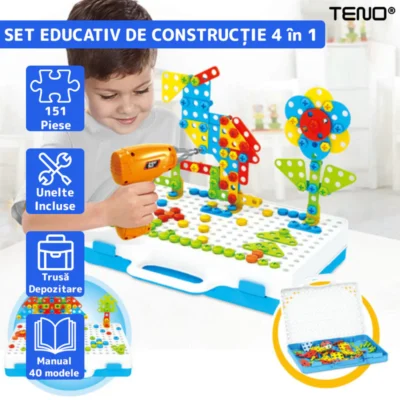 Jucarie Educativa si Interactiva 4in1, 151 Piese, Bormasina Pentru Inginerie, Puzzle 3D/2D, Dezvoltare STEM, Montessori, Multicolor, TENO511