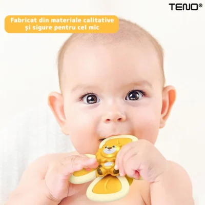 Jucarie Interactiva Fidget Spinner, Forma Leu, Margini de Silicon, 4 Laturi, Ventuza de Prindere, 1-3 ani, Galben, TENO7