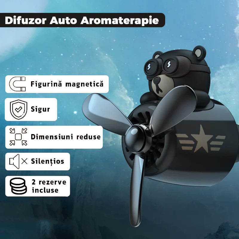 Difuzor Auto Aromaterapie, Car Pilot Bear, Kit Odorizant, 2 Arome cu Extracte Naturale Incluse, TENO337