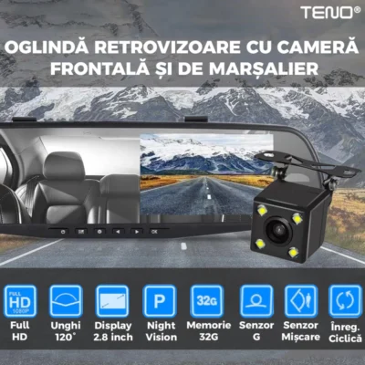 Oglinda Auto Retrovizoare cu Camera Duala, Video Full HD 1080P, Senzor G, 32GB, Night Vision, Display 2.8 inch, Linii Ghidaj Parcare, TENO493
