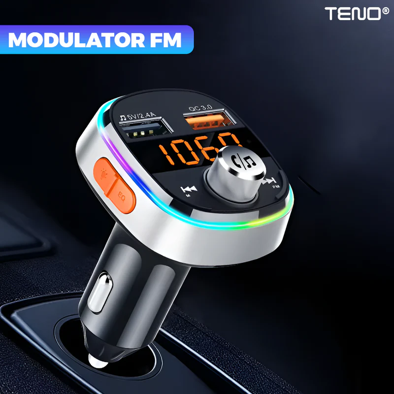 Modulator FM Auto, Bluetooth 5.0, Functie de Dubla Incarcare, Afisare Voltaj Baterie, Transmitator FM, 3 Porturi USB Type-C, Capacitate Memorie 32 GB, Ecran LED, TENO1291