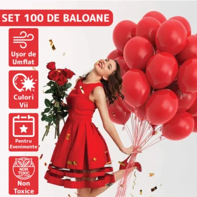 Set 100 Baloane Pentru Petreceri/Aniversari/Evenimente, o Singura Dimensiune, Latex, Rosu, TENO256