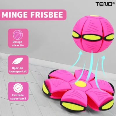 Minge Zburatoare Transformabila in Disc Frisbee, 2 Moduri de Joaca, 23 cm, Roz, TENO354