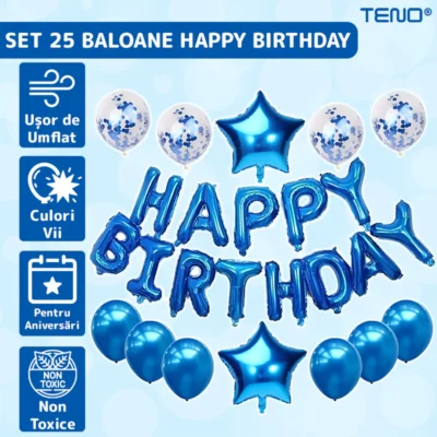 Set 25 Baloane, Litere, Pentru Petreceri/Aniversari/Evenimente, Confetti, Stelute, Model Happy Birthday, Albastru, TENO756