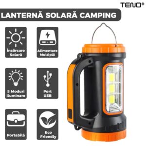 Lanterna Solara de Camping Portabila, 2 Moduri de Alimentare, 5 Moduri de Iluminare, Port USB, Reincarcabila, TENO269