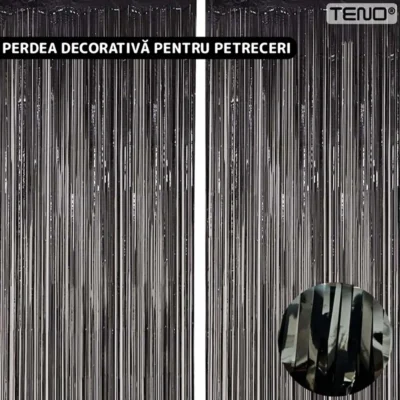 Set 2 Bucati Perdea Decorativa Din Folie Negru Metalizat, Pentru Petreceri Aniversare, TENO325