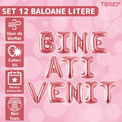 Set 12 Baloane, Litere, Pentru Petreceri/Aniversari/Evenimente, Metalizate, Folie, 45 cm, Model BINE ATI VENIT, Roz, TENO1048