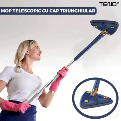 Mop Telescopic cu Cap Triunghiular, Rotire 360 Grade, Curatare Usoara, 2 Lavete Incluse, 127 cm, Albastru/Galben, TENO709