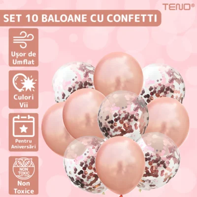 Set 10 Baloane, Confeti, Pentru Petreceri/Aniversari/Evenimente, O Singura Dimensiune, 2 Culori, Latex, Rose Gold, TENO727