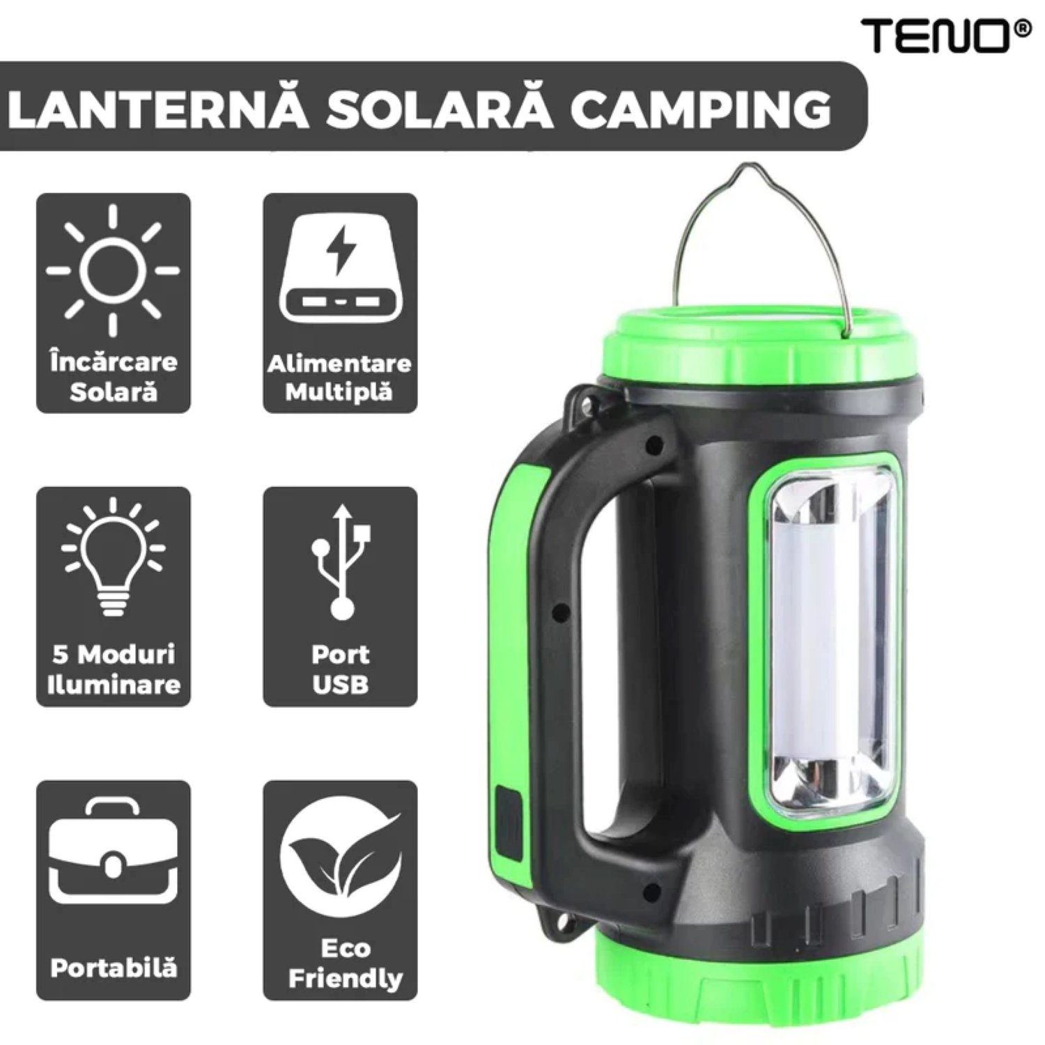 Lanterna Solara de Camping Portabila, 2 Moduri de Alimentare, 5 Moduri de Iluminare, Port USB, Reincarcabila, Verde, TENO270
