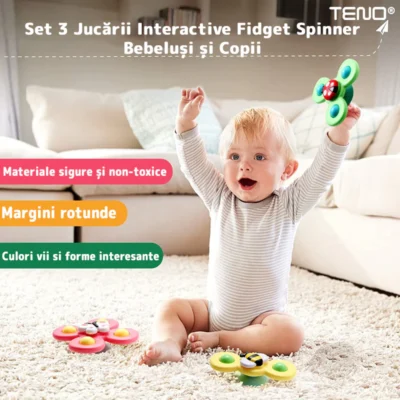 Set 3 Jucarii Interactive Fidget Spinner, Forma Insecte, Bile Zornaitoare, Margini Rotunde, Ventuza de Prindere, 1-3 ani, TENO2