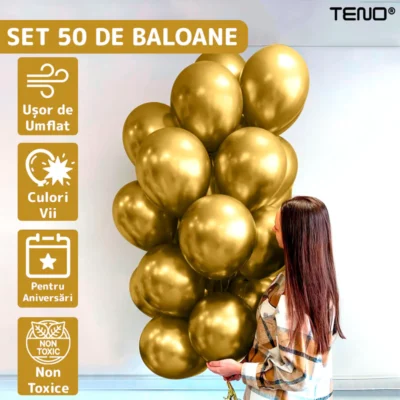 Set 50 Baloane, Pentru Petreceri/Aniversari/Evenimente, O Singura Dimensiune, Latex, Auriu, TENO721