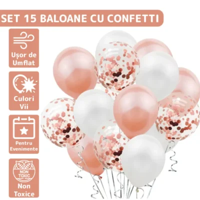 Set 15 Baloane, Confeti, Pentru Petreceri/Aniversari/Evenimente, O Singura Dimensiune, 3 Culori, Latex, Roz/Alb/Transparent, TENO262