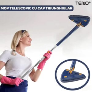 Mop Telescopic cu Cap Triunghiular, Rotire 360 Grade, 5 Lavete Incluse, 127 cm, Albastru/Galben, TENO464