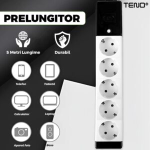 Prelungitor Universal cu 5 Prize, Suport de Agatare Incorporat, Rezistent la Temperaturi Inalte, 5 Metri, Negru/Alb, TENO1281