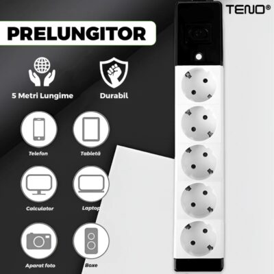 Prelungitor Universal cu 5 Prize, Suport de Agatare Incorporat, Rezistent la Temperaturi Inalte, 5 Metri, Negru/Alb, TENO1281