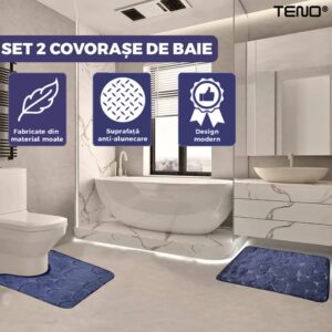 Set 2 Covorase de Baie, Anti-Derapante, Material Moale, Model Pietre, 80x50 / 50x40cm, Bleumarin, TENO1014