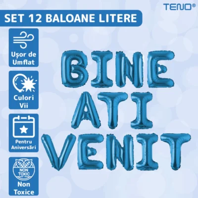 Set 12 Baloane, Litere, Pentru Petreceri/Aniversari/Evenimente, Metalizate, Folie, 45 cm, Model BINE ATI VENIT, Albastru, TENO1286