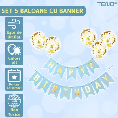 Set 5 Baloane cu Banner, Confetti, Pentru Petreceri/Aniversari/Evenimente, Model Happy Birthday, Albastru, TENO1062