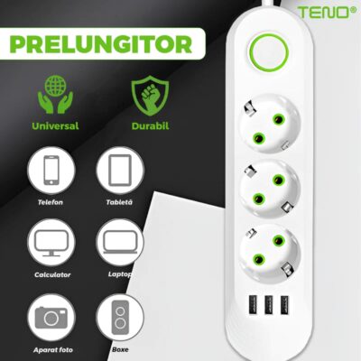 Prelungitor Universal cu 3 Prize, 3 Porturi USB, Suport de Agatare Incorporat, Rezistent la Temperaturi Inalte, 2 Metri, Alb, TENO1276