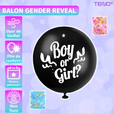 Balon Gender Reveal, Pentru Petreceri/Evenimente/Botezuri, Confetti in 2 Culori, Negru, TENO1058