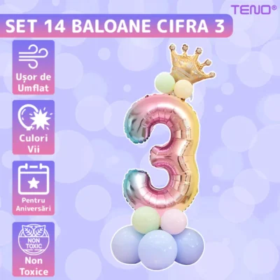 Set 14 Baloane, Cifra 3, Pentru Petreceri/Aniversari/Evenimente, Coronita, Balon Cifra, Baloane Clasice, Multicolor, TENO1045