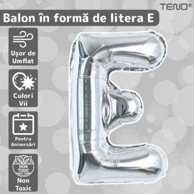Balon in Forma de Litera E, Metalizat, Pentru Petreceri/Aniversari/Evenimente, 40cm, Rezistent, Folie, Argintiu, TENO1022