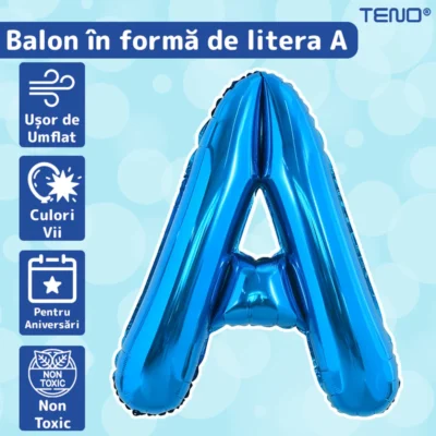 Balon in Forma de Litera A, Metalizat, Pentru Petreceri/Aniversari/Evenimente, 40 cm, Rezistent, Folie, Albastru, TENO1021