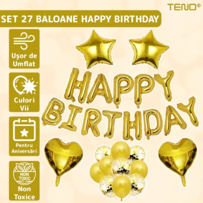 Set 27 Baloane, Litere, Pentru Petreceri/Aniversari/Evenimente, Confetti, Stelute, Inimioare, Model Happy Birthday, Auriu, TENO768