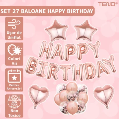 Set 27 Baloane, Litere, Pentru Petreceri/Aniversari/Evenimente, Confetti, Stelute, Inimioare, Model Happy Birthday, Roz/Auriu, TENO757