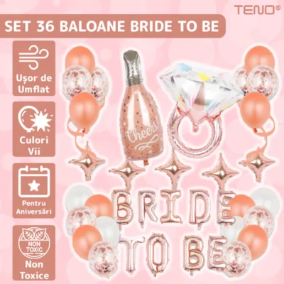 Set 36 Baloane, Litere, Pentru Petreceri/Aniversari/Evenimente, Sticla de Sampanie, Inel de Logodna, Diverse Dimensiuni, Folie, Model BRIDE TO BE, Rose Gold, TENO749