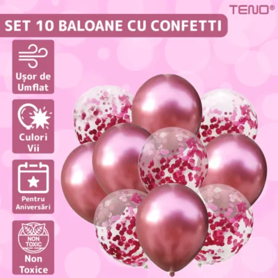 Set 10 Baloane, Confeti, Pentru Petreceri/Aniversari/Evenimente, O Singura Dimensiune, 2 Culori, Latex, Roz, TENO726