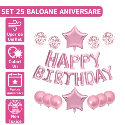 Set 27 Baloane, Litere, Pentru Petreceri/Aniversari/Evenimente, Confetti, Stelute, Inimioare, Model Happy Birthday, Rose, TENO717