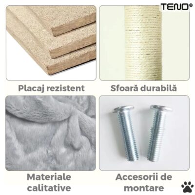 Ansamblu de Joaca Pentru Pisici, 2 Platforme de Observatie, 3 Niveluri, Franghie si Mingiute, Stalpi Pentru Zgariat, 115 cm, TENO623