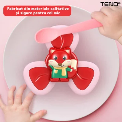 Jucarie Interactiva Fidget Spinner, Forma Vulpe, Margini de Silicon, 3 Laturi, Ventuza de Prindere, 1-3 ani, Rosu, TENO5