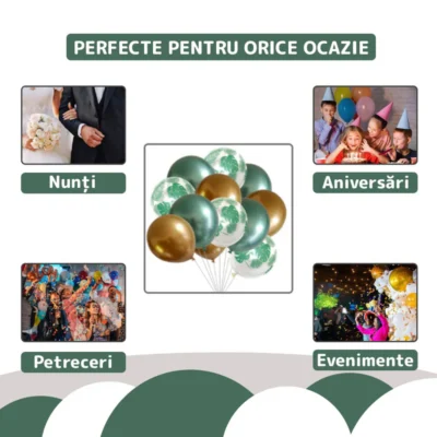Set 15 Baloane, Model Frunze, Pentru Petreceri/Aniversari/Evenimente, O Singura Dimensiune, 3 Culori, Latex, Verde/Auriu/Transparent, TENO305