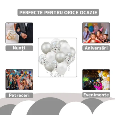 Set 15 Baloane, Confeti, Pentru Petreceri/Aniversari/Evenimente, O Singura Dimensiune, 3 Culori, Latex, Argintiu/Alb/Transparent, TENO260