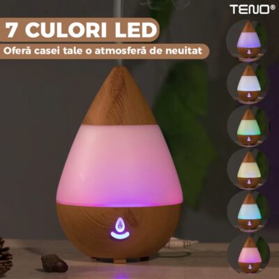 Difuzor Aromaterapie, Umidificator Silentios, 7 Culori LED cu Lumini Dinamice, Buton on/off, 235ml, Stejar Deschis, TENO214