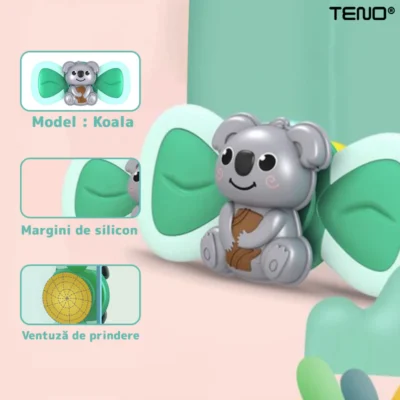 Jucarie Interactiva Fidget Spinner, Koala, Margini de Silicon, 2 Laturi, Ventuza de Prindere, 1-3 ani, Verde, TENO6