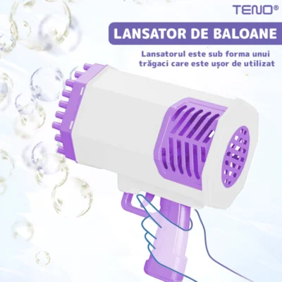 Pistol de Facut Baloane, Tip Bazooka, Automat, 34 Orificii Pentru Bule, Alimentare cu Baterii, Mov/Alb, TENO1215