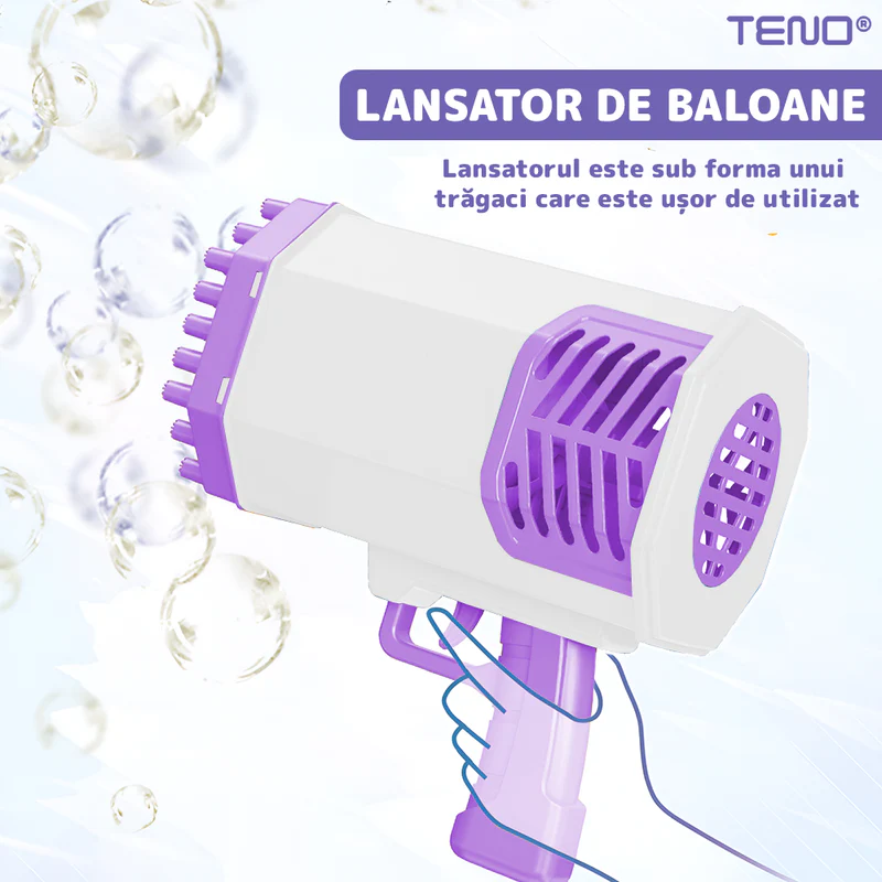 Pistol de Facut Baloane, Tip Bazooka, Automat, 34 Orificii Pentru Bule, Alimentare cu Baterii, Mov/Alb, TENO1215