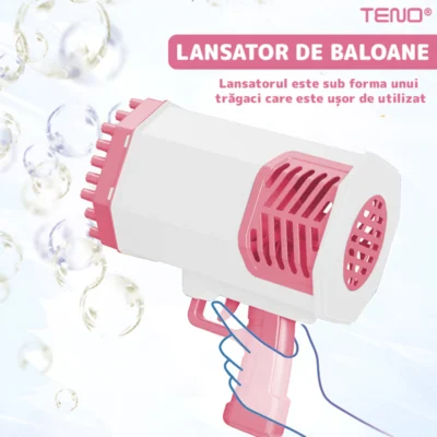 Pistol de Facut Baloane, Tip Bazooka, Automat, 34 Orificii Pentru Bule, Alimentare cu Baterii, Roz/Alb, TENO1214
